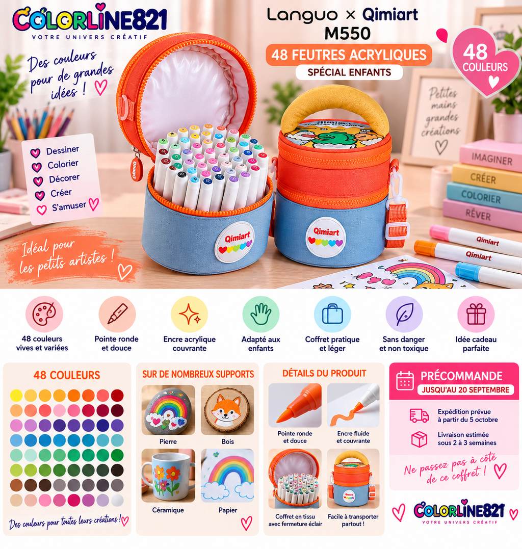Languo × Qimiart M550 – 48 Feutres Acryliques Enfant